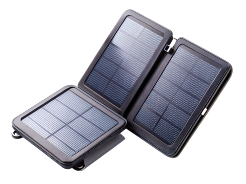 Foldable portable solar panel charger for renewable energy, isolated on transparent background, ideal for camping and sustainable power solutions