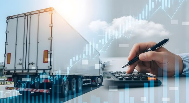 Logistics and Finance Concept with Truck, Calculator, and Analytical Graphs - Powered by Adobe