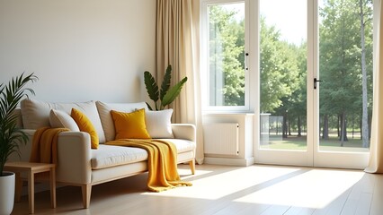 Minimalist living room in white color with sofa and summer landscape in window. Scandinavian interior design. 3D illustration