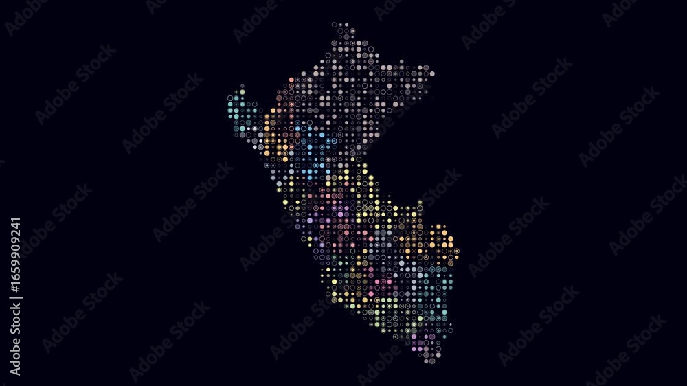 Poster peru map animation. shape of the country with pulsating colored dots. small size circle blocks. digi