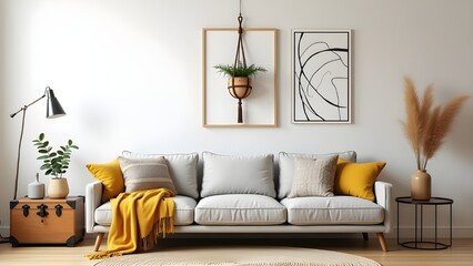 The stylish boho compostion at living room interior with design gray sofa, wooden coffee table, commode and elegant personal accessories. Honey yellow pillow and plaid. Cozy apartment. Home decor