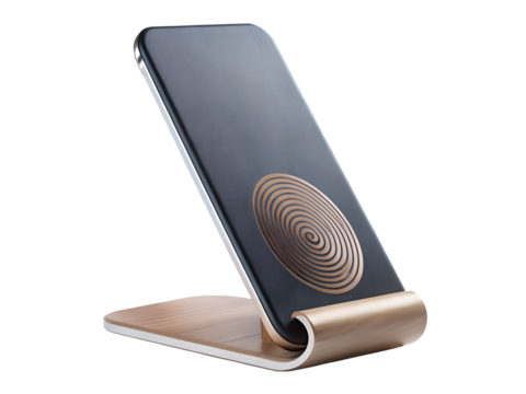 A wireless charging stand for a smartphone, isolated on a transparent background, featuring a sleek design with leather and metal accents for modern tech