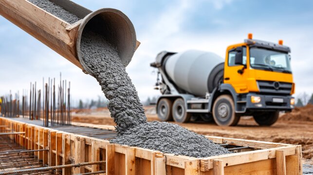 Concrete mixer truck pouring cement into foundation formwork at construction site