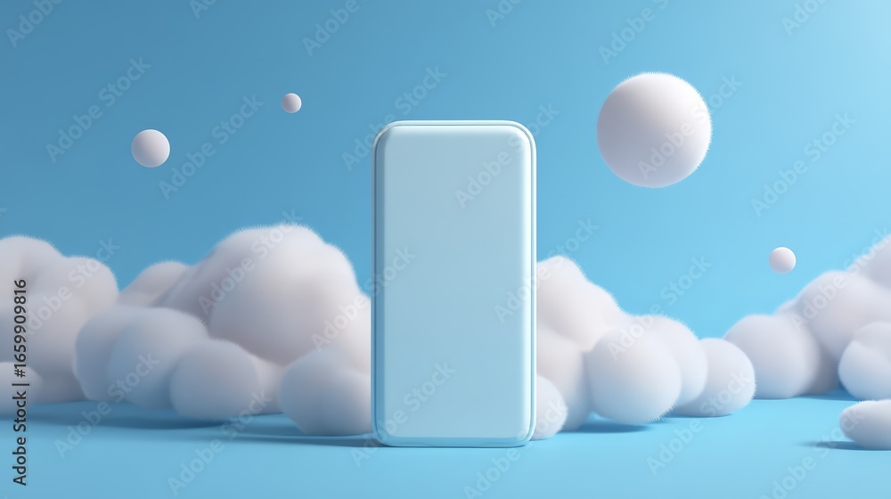Poster abstract smartphone display surrounded by fluffy clouds on a blue background.
