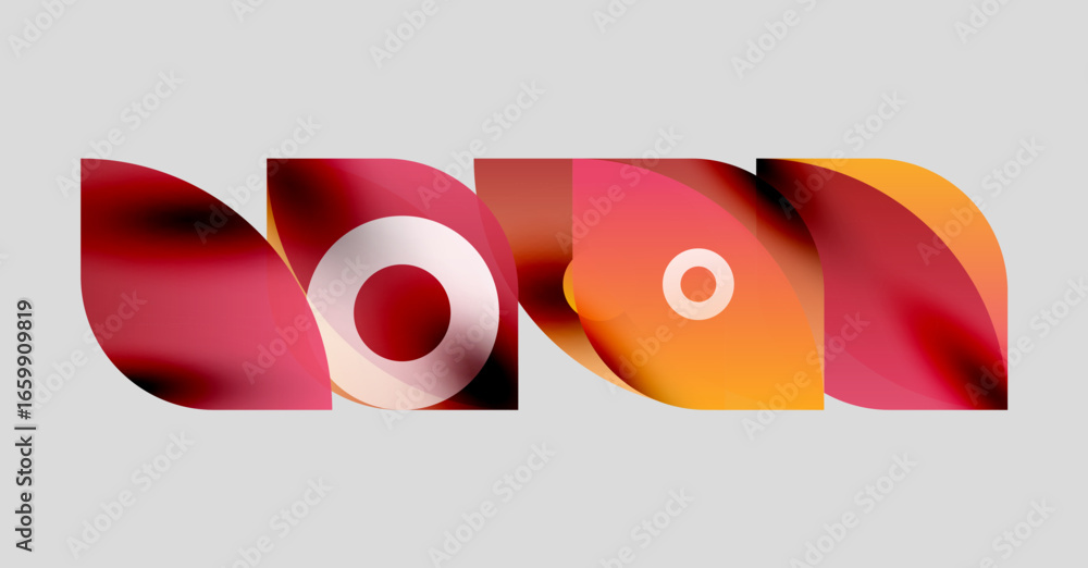 Poster abstract design features overlapping colorful shapes. red, orange, white hues create dynamic visual 