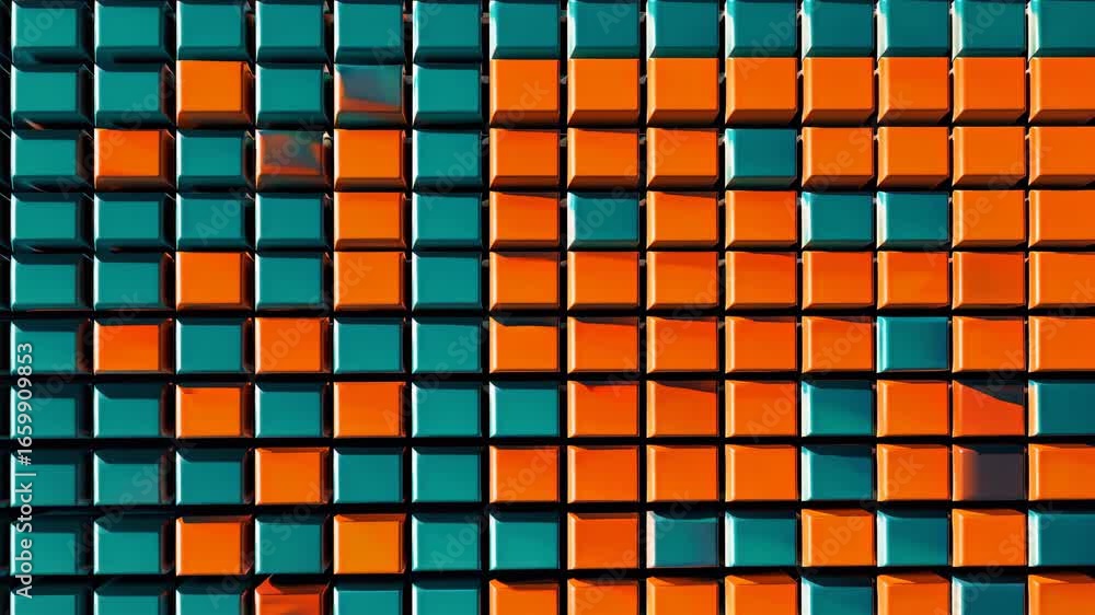 Poster vibrant checkerboard pattern transitions with a play of orange and teal cubes in a geometric wall de