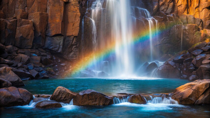 Majestic Waterfall with a Vibrant Rainbow Over Turquoise Pool nature cascade