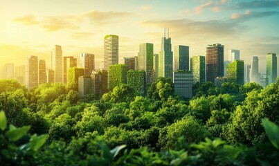 Obraz premium Sustainable urban design concept, featuring a green cityscape with eco-friendly buildings and lush parks. This concept represents a future-focused approach to city planning, promoting, Generative AI
