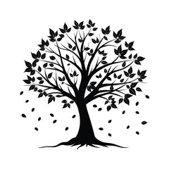 Obraz premium Silhouette of a deciduous tree with falling leaves against a white background