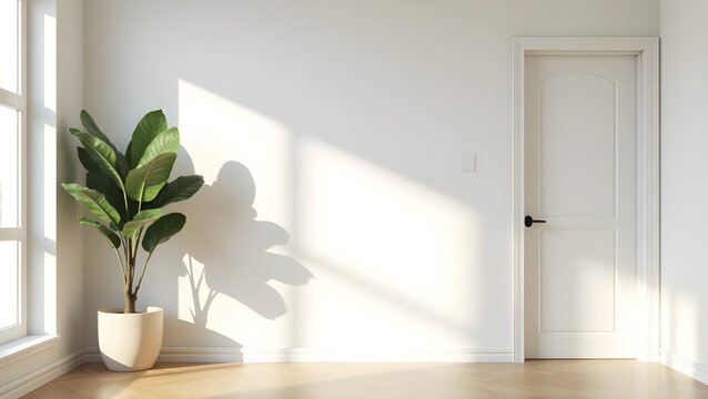 Fototapeta A 3D illustration of a plant against a white wall mockup, featuring a wood floor.