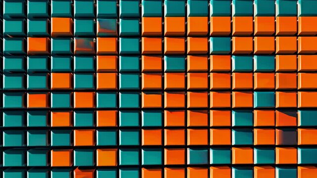 Vibrant Checkerboard Pattern Transitions with a Play of Orange and Teal Cubes in a Geometric Wall Design, Creating a Dynamic Visual Effect