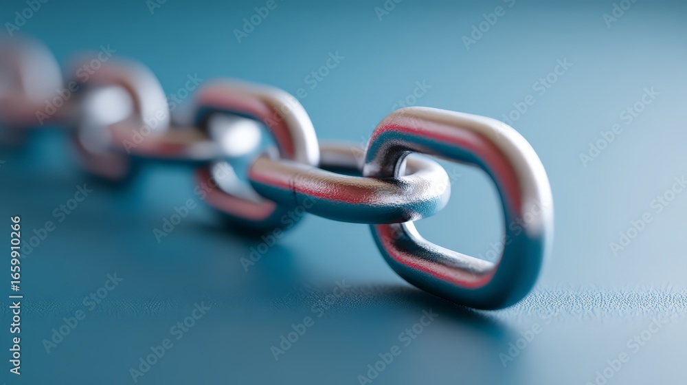 Poster close-up of a metallic chain link on a blue background, symbolizing connection and strength.