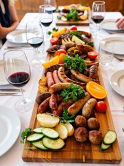 Celebration feast with sausages and wine elegant dining room food photography cozy atmosphere top-down view