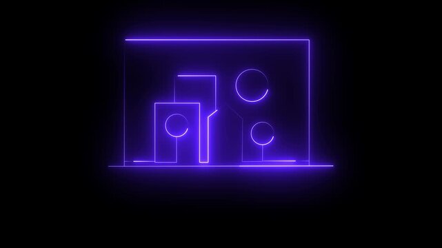 "Glowing Neon Cityscape Icon Animation on Black Background &ndash; Futuristic Urban Skyline Loop"