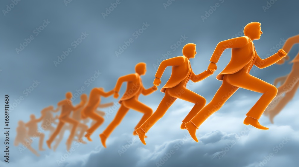 Poster dynamic figures in suits symbolize progress and teamwork in a professional setting.