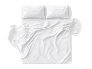 Crisp white bedding with rumpled sheets and two pillows on double bed