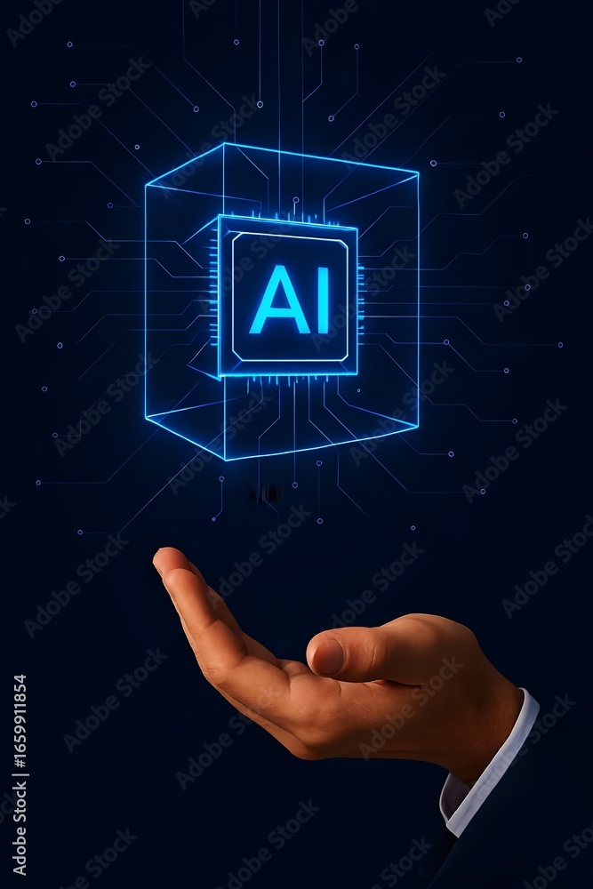 Fototapete artificial intelligence concept a hand reaching out to a glowing cube with an ai chip, representing 