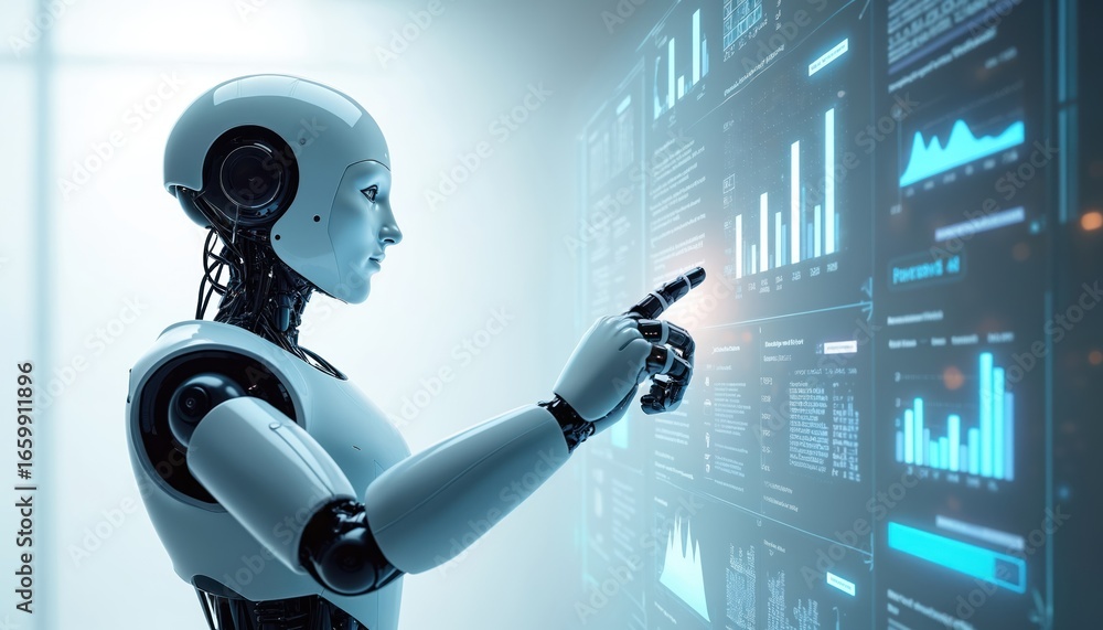 Poster humanoid robot points at futuristic dashboard with graphs, data. ai analyzes customer reviews, extra