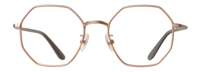 Geometric hexagonal eyeglasses with rose gold metal frame