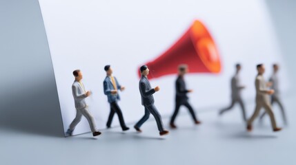 Miniature figures walking past a loudspeaker, symbolizing communication and influence.