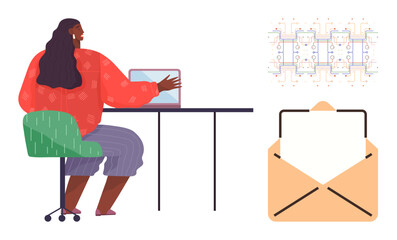 Woman sitting at desk using laptop, digital network diagram, envelope with letter. Ideal for remote work, online communication, technology, digital networking, email marketing, office workflow