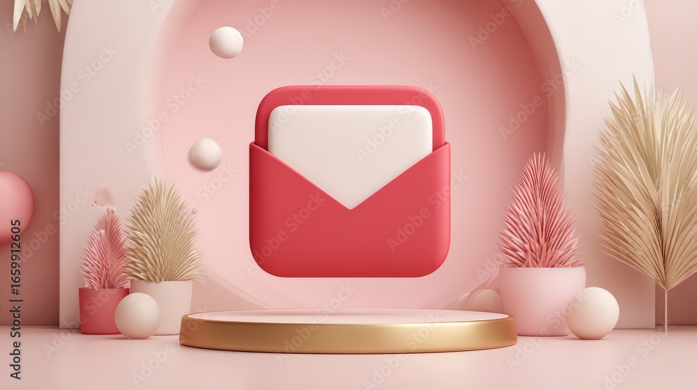 Poster stylish 3d envelope design displayed in a soft pastel-themed setting.