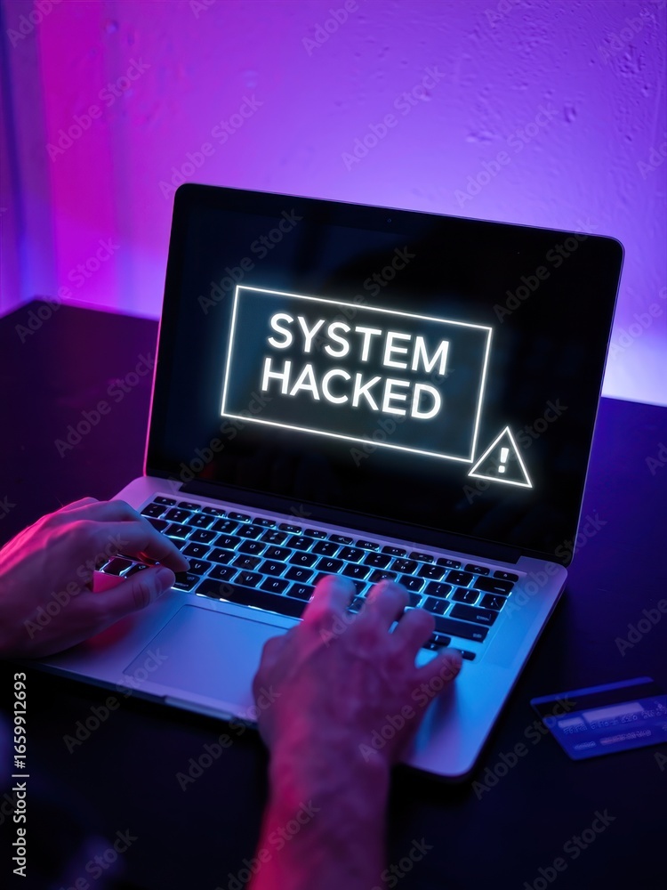 Poster cyber attack alert system hacked on laptop computer security digital environment close-up view techn