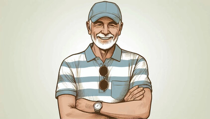 An illustration of a cheerful elderly man in a cap and T-shirt who has his arms crossed. Vector graphics. EPS.