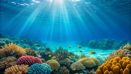 Naklejka premium Underwater Coral Reef Scene with Sunlight Rays and Tropical Fish ocean marine life