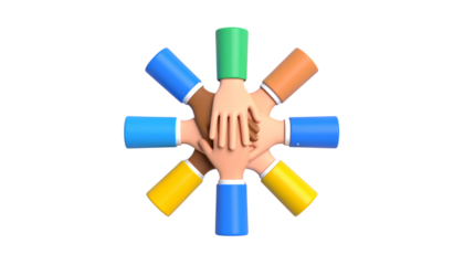 3D teamwork icon showing multiple hands stacked together, symbol of unity and support, isolated on transparent background