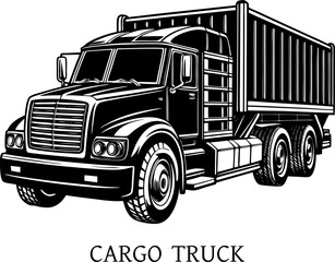 A heavy-duty truck with cargo, isolated on white BACKGROUND. semi trailer truck vector on black and white background, semi truck silhouette