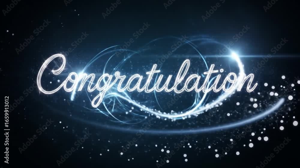 Poster animated congratulation text with glowing particles and light effects on dark background