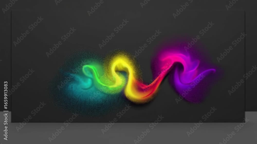 Poster colorful abstract particles flow in dynamic patterns against a dark background, creating a vibrant a