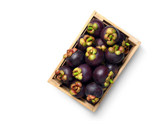 Frsh mangosteen fruit in wooden crate isolated on white.
