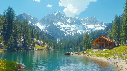 Stunning Realistic Photography of a Serene Off-Grid Cabin by a Crystal Clear Lake in Majestic Mountain Landscape
