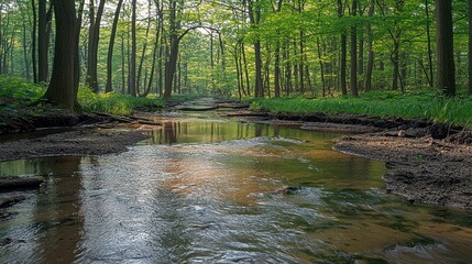 Tranquil Forest Stream Amidst Lush Green Woods in Realistic Natural Environment