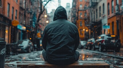 Serene Urban Scene with Individual in Rainy Setting Emphasizing Minimal Distractions and Realistic Photography