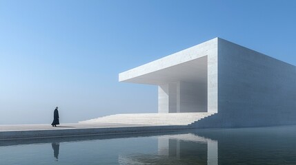 Serene Minimalist Architecture with a Solitary Figure Beneath a Clear Sky Reflecting in Water