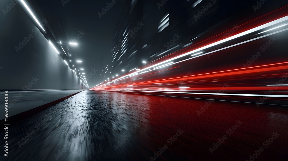 Poster a blurred high contrast image capturing the dynamism and velocity of traffic rushing through a sleek