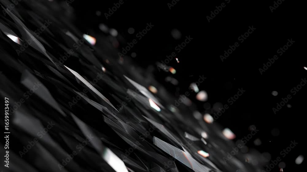 Poster exploring the beauty of shimmering crystals in a dark environment with dynamic lighting and movement