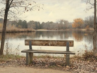 Serene Bench by a Tranquil Lake Surrounded by Autumn Foliage in a Peaceful Landscape