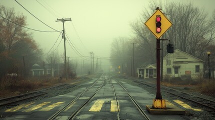 Foggy Railway Scene with a Stop Signal and Empty Track in a Realistic Environment