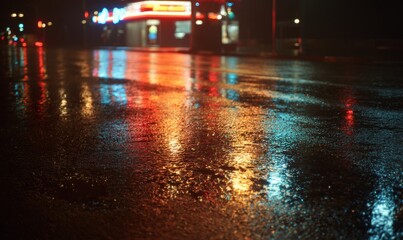 Night street scene, rain-slicked asphalt