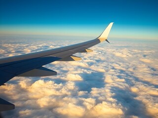 Obraz premium Airplane wing view above clouds.