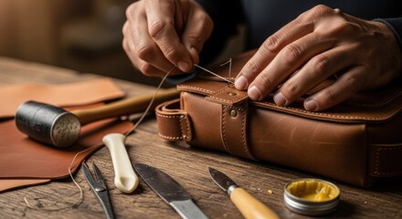 Close-up of a craftsman's hands stitching a brown leather bag on a wooden workbench with tools.