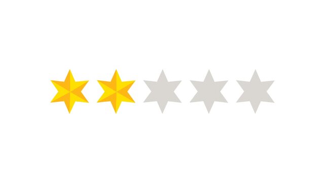 Two star rating and feedback animation, 4k customer reviews video and Golden star icon.