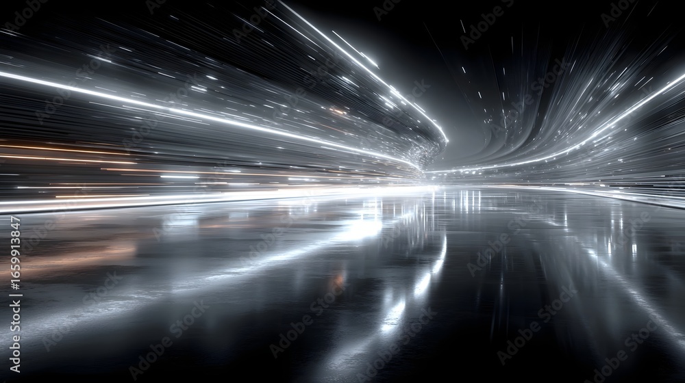 Poster a blurred high speed journey through a sleek luminous tunnel showcasing the power and dynamism of fu