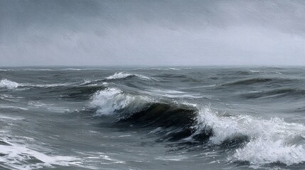 Fototapeta premium Moody oil painting of a stormy sea with bold dynamic brushstrokes, capturing powerful movement of ocean waves, dramatic atmosphere, natural force, and emotional depth in expressive seascape