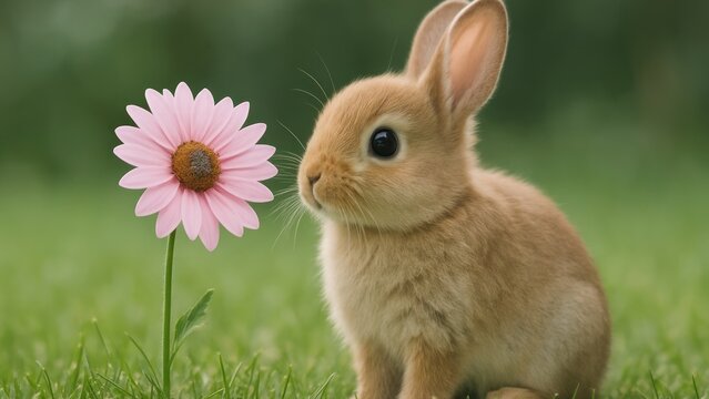 Adorable bunny beside pink flower.