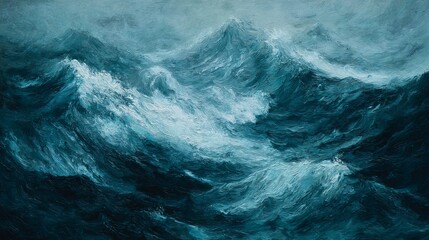 Moody oil painting of a stormy sea with bold dynamic brushstrokes, capturing powerful movement of ocean waves, dramatic atmosphere, natural force, and emotional depth in expressive seascape